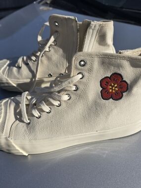 Kenzo Cream Canvas High-Top Sneakers with Red Flower Patch